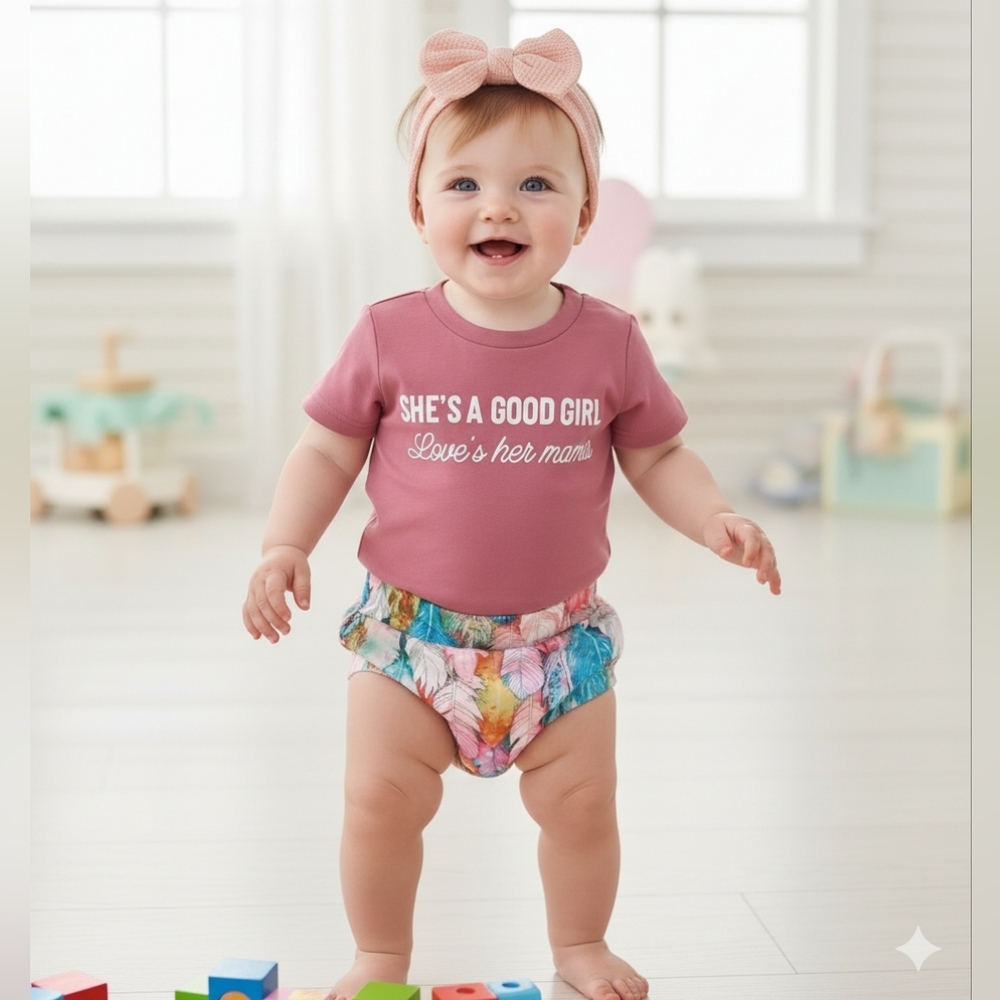 Baby Girl 3Pcs Outfit Mauve Graphic Tee Feather Print Bloomer Summer Set 9-12M